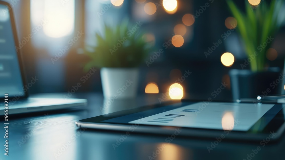 A modern workspace featuring a tablet, laptop, and greenery, perfect for tech-related themes and creative projects. A modern workspace featuring a tablet, laptop, and greenery, perfect for tech-related themes and creative projects.