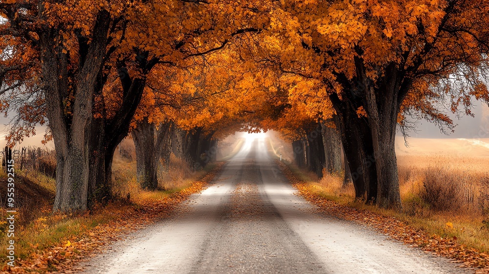 Naklejka premium A tranquil road framed by vibrant autumn trees, inviting a peaceful journey through a picturesque landscape.