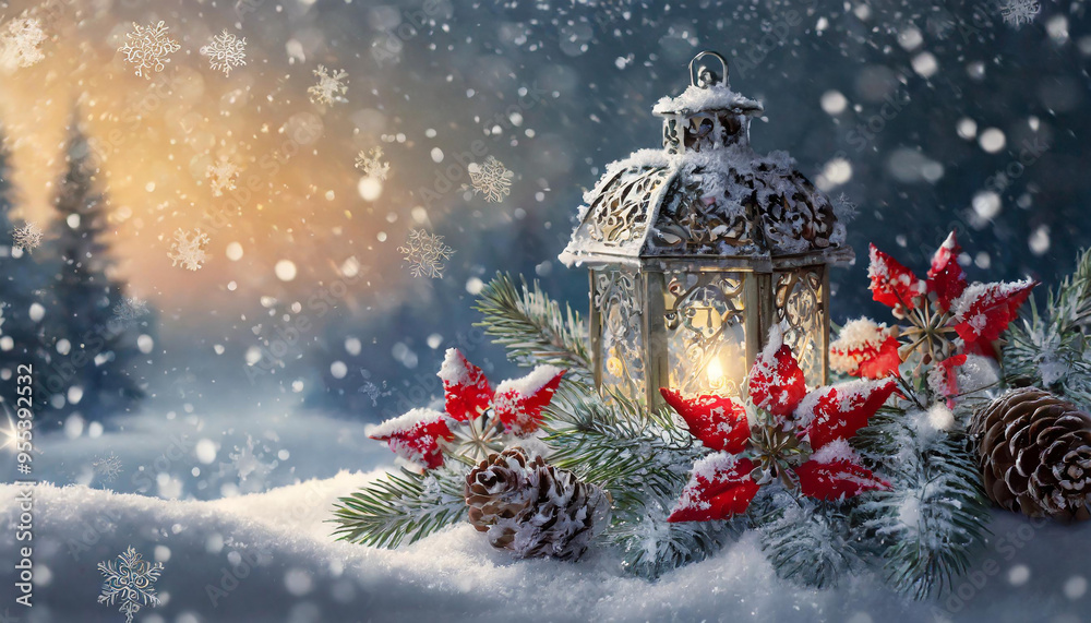 A festive Christmas lantern with candle illuminates a snow-covered table with baubles and pine branches, against a backdrop of snowy mountains