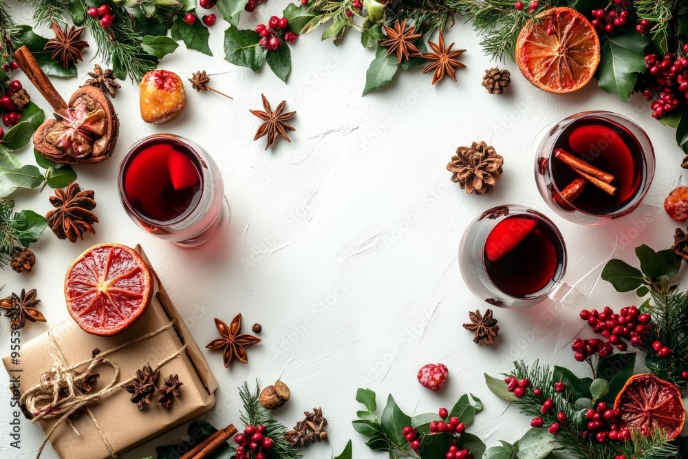 Festive scene with glasses of red wine, Christmas gifts, and holiday decorations, creating a warm and joyful holiday atmosphere. Festive scene with glasses of red wine, Christmas gifts, and holiday decorations, creating a warm and joyful holiday atmosphere.