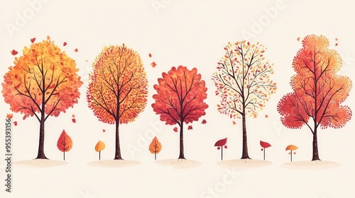 Autumn-themed vector illustration set of trees in seasonal colors, ideal for decorative uses.