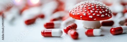 A red and white mushroom, symbolizing the Amanita muscaria, stands amidst red and white capsules, representing the microdosing of this medicinal mushroom for potential therapeutic benefits. photo