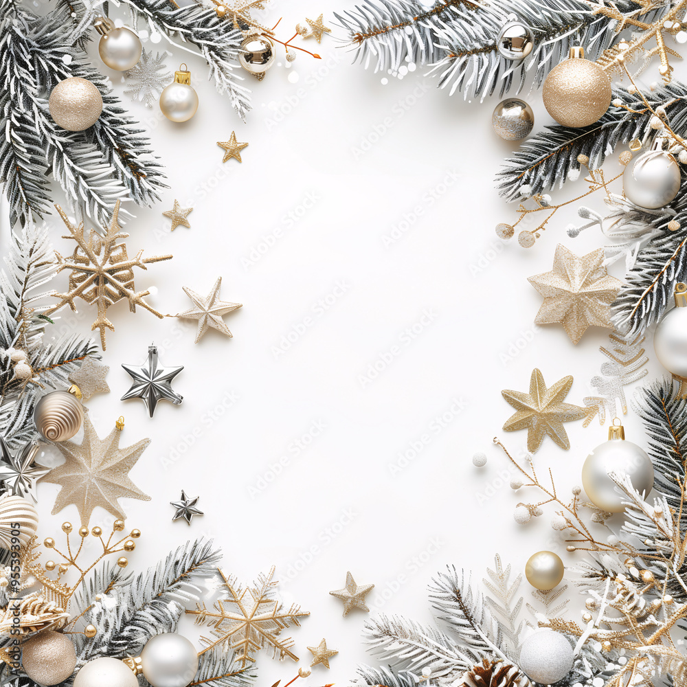 Christmas and New Year seasonal square template design with decorations and copy space for social media post. Gold and white color tone on white plain background. Christmas and New Year seasonal square template design with decorations and copy space for social media post. Gold and white color tone on white plain background.