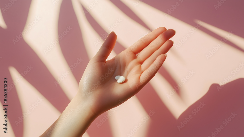 hand of woman holding vitamin supplement branding white pills nutritional pharmaceutical health on bright outdoors pink background nature shadow sunlight studio product photography branding hand of woman holding vitamin supplement branding white pills nutritional pharmaceutical health on bright outdoors pink background nature shadow sunlight studio product photography branding