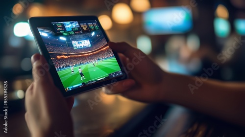 Fototapeta Naklejka Na Ścianę i Meble -  Watching live sports on a tablet at a dimly lit bar during an exciting match in the evening