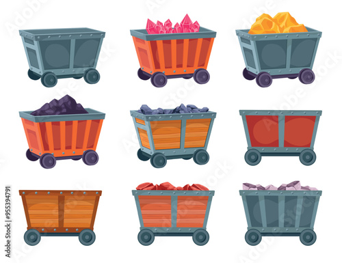 Mining carts. Minecarts, wood metal mine wagons for underground loading coal diamond rocks gold nugget minerals, rails trolley truck carriage, 2d game ingenious vector illustration