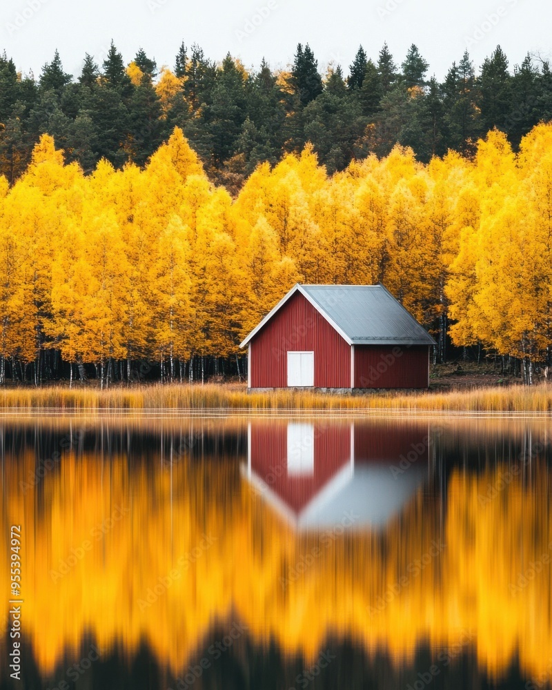 A serene autumn landscape featuring a red house by a calm lake, surrounded by vibrant yellow trees reflecting in the water. A serene autumn landscape featuring a red house by a calm lake, surrounded by vibrant yellow trees reflecting in the water.