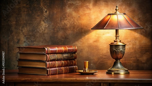 Vintage leather bound art books on mahogany desk with brass lamp low angle view photo