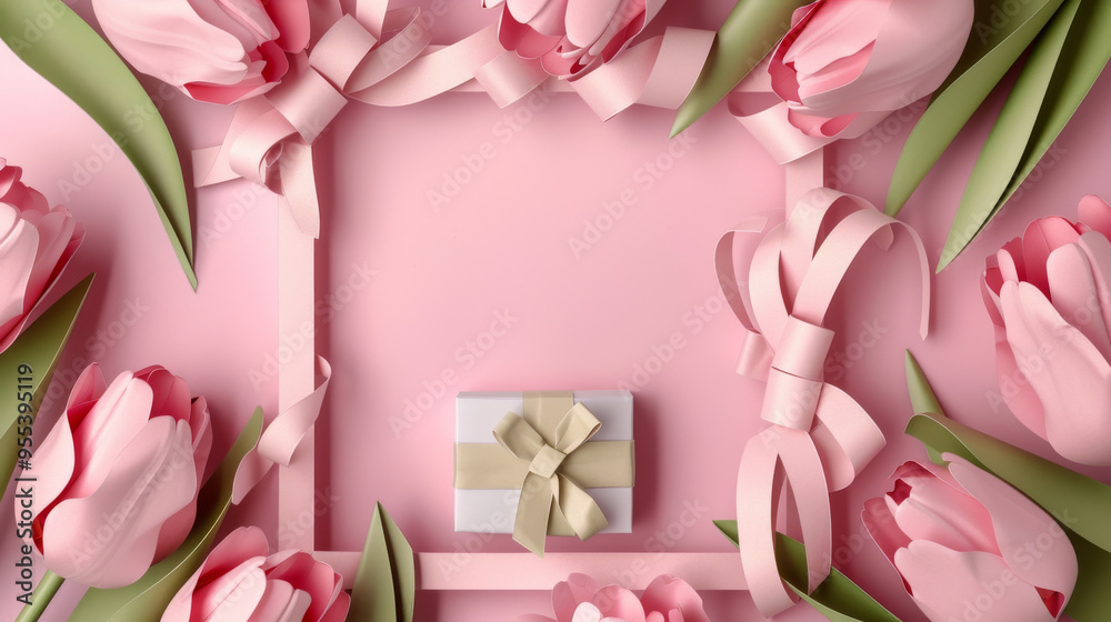 A pink frame with a gift box and tulip A pink frame with a gift box and tulip