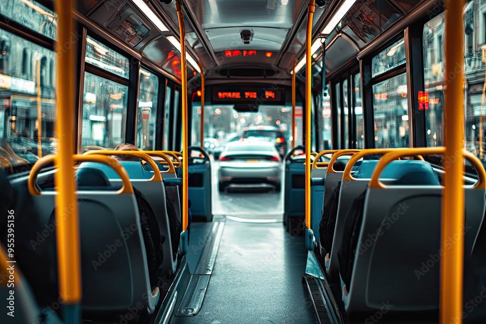 Fototapeta premium A solitary journey: The stillness of an empty bus ride, punctuated only by the soft hum of the engine and the distant city lights.