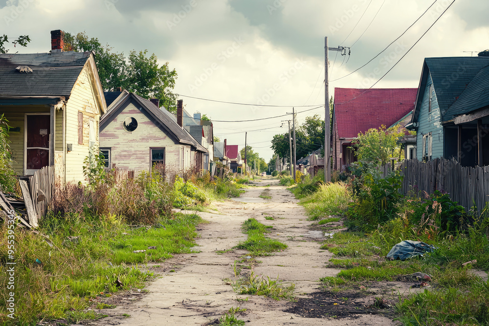 A Glimpse into the Past: A Crumbling Street Lined with Derelict Homes, Whispering Stories of Bygone Days.