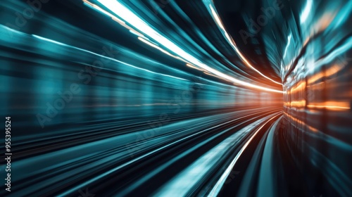 A curved underground tunnel illuminated by speeding lights, creating a dramatic motion trail and symbolizing the advanced, high-speed railway system.