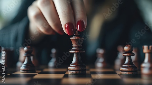A person with red polished nails makes a strategic move in chess, highlighting the intellectual challenge and decision-making involved in this classic board game.