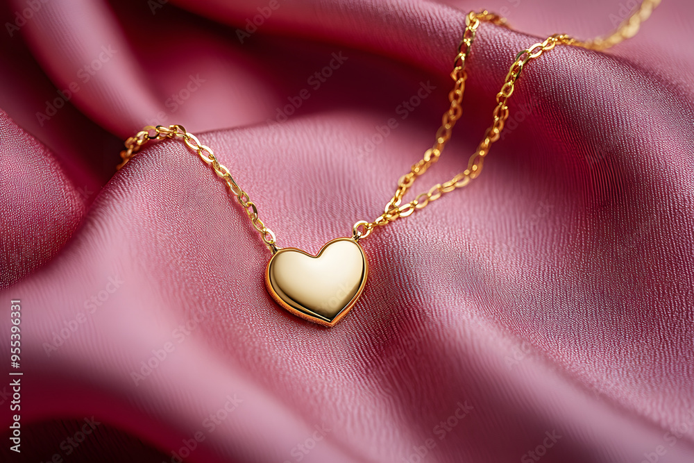 gold necklace with a gold heart-shaped pendant resting on a pinkish-red fabric is the perfect gift for love, anniversary or special occasions on Valentine's Day. gold necklace with a gold heart-shaped pendant resting on a pinkish-red fabric is the perfect gift for love, anniversary or special occasions on Valentine's Day.