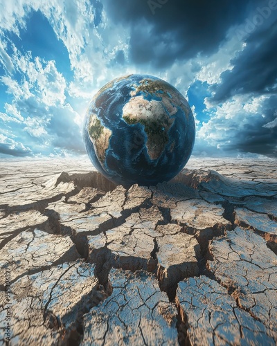 A striking representation of Earth on a cracked ground, highlighting the impact of climate change and environmental degradation. photo