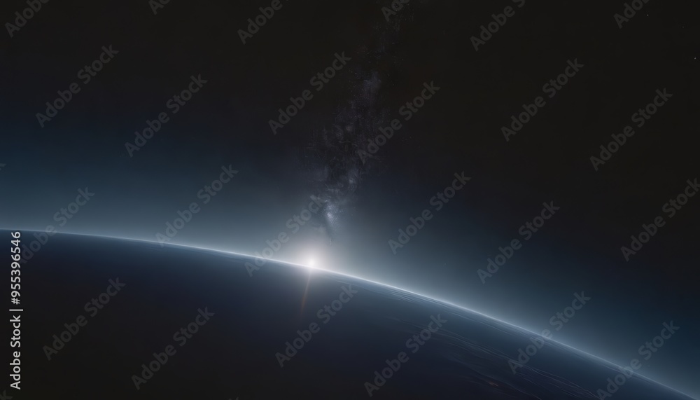 A stunning view of a planet from space, showcasing the sun rising over the horizon with a bright light illuminating the atmosphere and a nebula in the upper left corner. A stunning view of a planet from space, showcasing the sun rising over the horizon with a bright light illuminating the atmosphere and a nebula in the upper left corner.