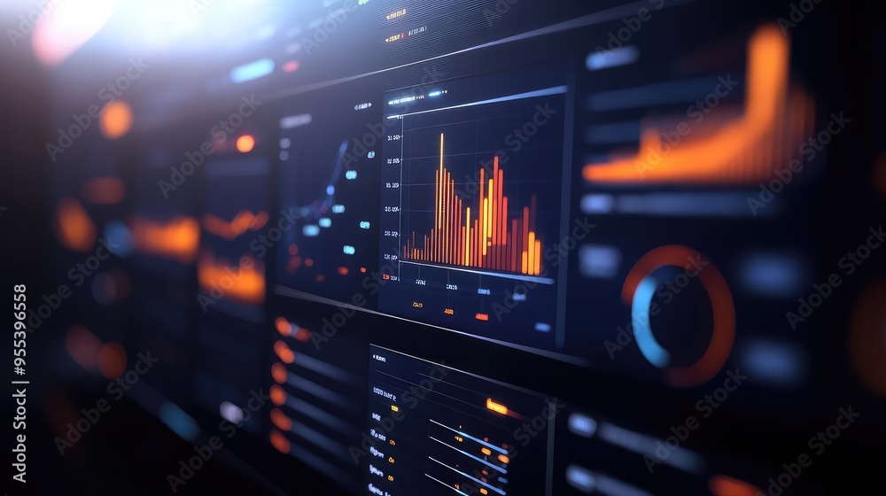 A close-up view of a digital dashboard displaying dynamic graphs and data visualizations in vibrant colors. A close-up view of a digital dashboard displaying dynamic graphs and data visualizations in vibrant colors.