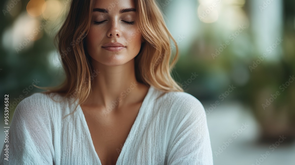 A serene woman meditating with her eyes closed in a calm environment, suggesting peace, mindfulness, and inner calmness, surrounded by natural light and tranquility. A serene woman meditating with her eyes closed in a calm environment, suggesting peace, mindfulness, and inner calmness, surrounded by natural light and tranquility.