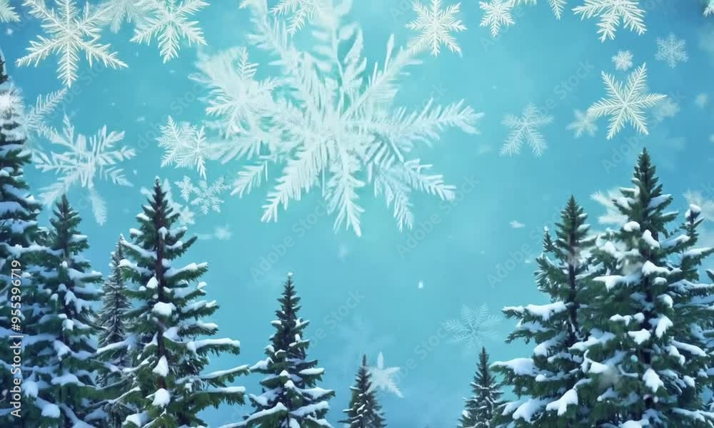 Snow covered evergreen trees under a clear blue sky with falling snowflakes creating a serene winter landscape Snow covered evergreen trees under a clear blue sky with falling snowflakes creating a serene winter landscape