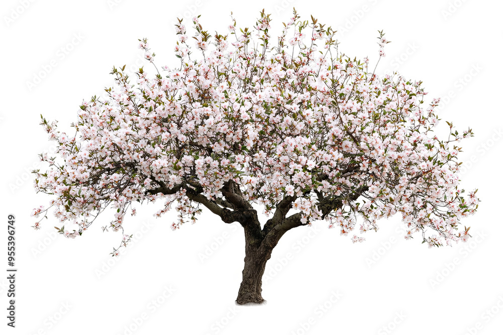 Obraz premium A large, full-blooming cherry blossom tree with white flowers against a white transparent background.