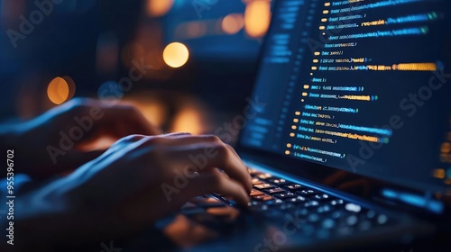 Close-up of hands typing code on a laptop, illuminated by a soft blue light, showcasing a modern programming environment.