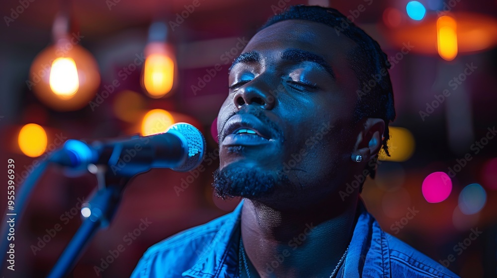 A man singing into a microphone in a dimly lit room A man singing into a microphone in a dimly lit room