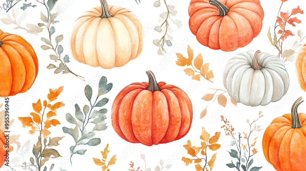 A painting of pumpkins and flowers with a fall theme A painting of pumpkins and flowers with a fall theme