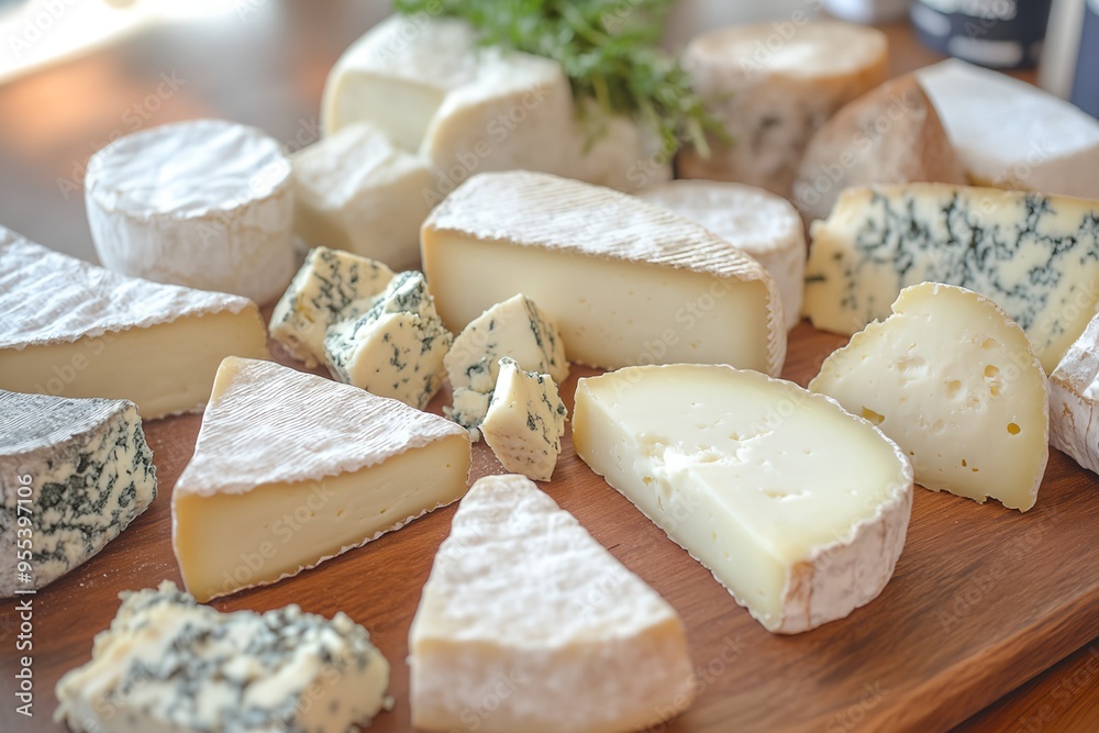 White plate with a variety of cheeses and crackers. The cheeses are cut into slices and arranged on the plate. The crackers are scattered around the plate White plate with a variety of cheeses and crackers. The cheeses are cut into slices and arranged on the plate. The crackers are scattered around the plate