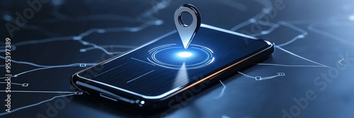 A smartphone displaying a digital map with a glowing location pin symbolizing geofencing technology. photo