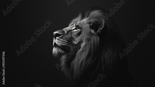 A single, majestic lion, isolated on a black background, stares fiercely with an intense gaze. The black and white portrait captures the animal's raw power and untamed spirit. 