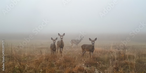 Four deer are standing in a field with a foggy sky above them. Scene is peaceful and serene, as the deer seem to be enjoying their time in the field photo