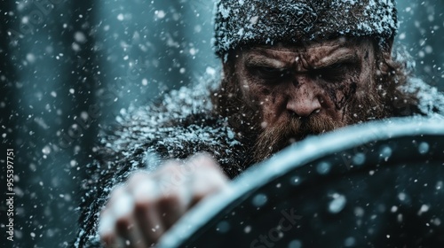 A wintery scene depicting a frosted figure clutching an icicle-like object, surrounded by falling snowflakes, generating a cold, frozen atmosphere.