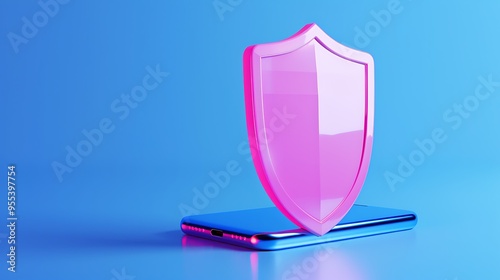 Digital security concept with a pink shield on a smartphone against a blue background, symbolizing cyber protection and mobile data safety.