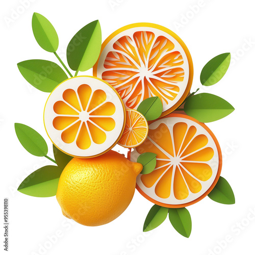 Fresh citrus fruit arrangement with vibrant oranges and lemons, green leaves, showcasing tropical, healthy, fresh and natural produce.