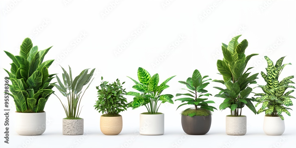 A row of potted plants with different sizes and shapes. The plants are arranged in a row, with the tallest one in the middle and the shortest one on the far left. The plants are all green A row of potted plants with different sizes and shapes. The plants are arranged in a row, with the tallest one in the middle and the shortest one on the far left. The plants are all green