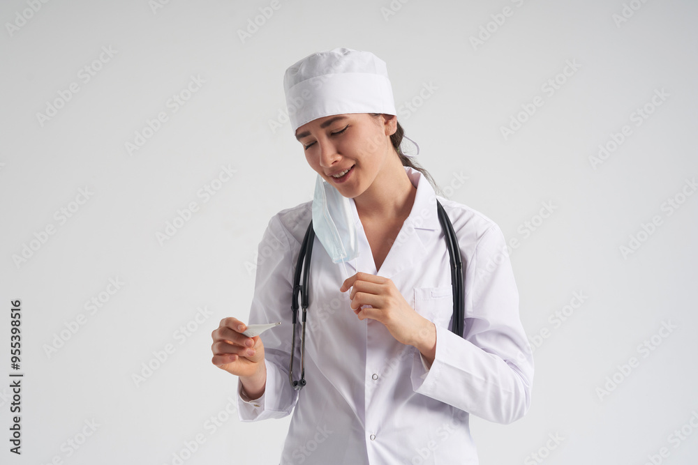 Happy glad Doctor wearing face mask looking at measurement on medical thermometer over white background with copy space Happy glad Doctor wearing face mask looking at measurement on medical thermometer over white background with copy space