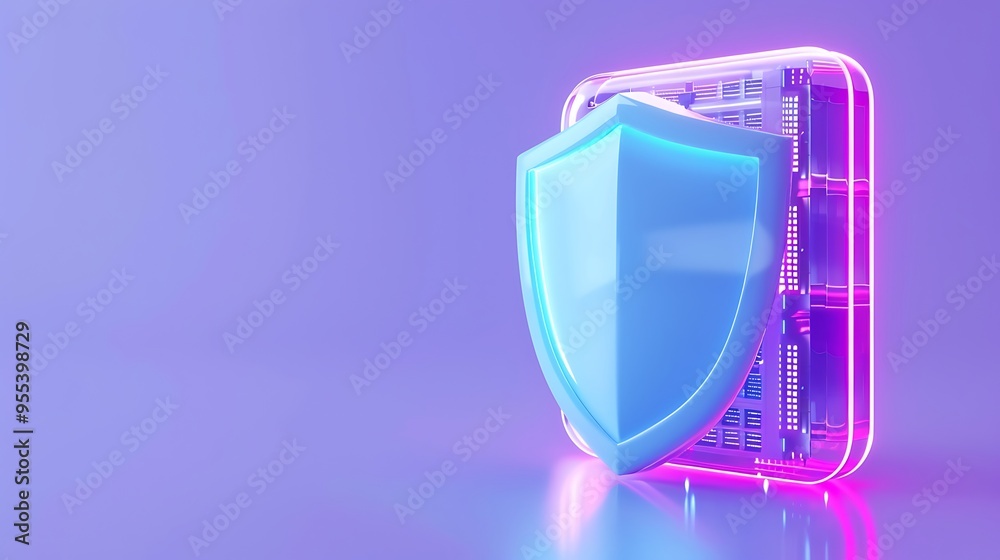 Digital security concept with blue shield and glowing motherboard on purple background, symbolizing cybersecurity and data protection. Digital security concept with blue shield and glowing motherboard on purple background, symbolizing cybersecurity and data protection.