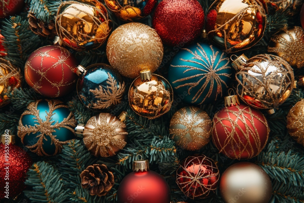 A collection of glittering Christmas ornaments in rich red, gold, and blue hues, perfect for adding a touch of sparkle to holiday decorations. A collection of glittering Christmas ornaments in rich red, gold, and blue hues, perfect for adding a touch of sparkle to holiday decorations.