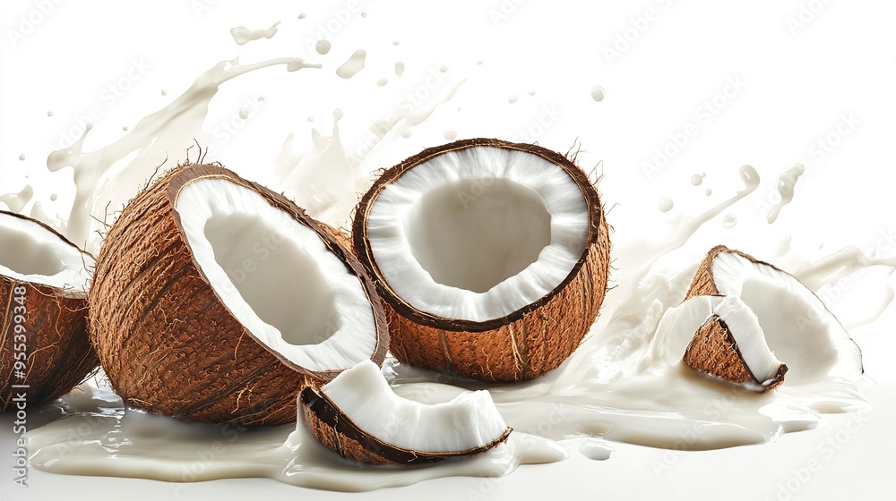 coconuts with milk splash on a white background. Clipping path. coconuts with milk splash on a white background. Clipping path.