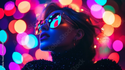 A stylish woman with blonde hair and sunglasses poses elegantly while colorful lights reflect in her eyes. This image captures the energy and vibrancy of nightlife, suggesting a sense of freedom, exci photo