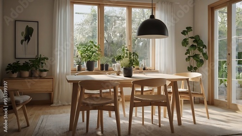 Scandinavian-style dining room with light wooden furniture, minimalist decor, and a large window letting in natural light.