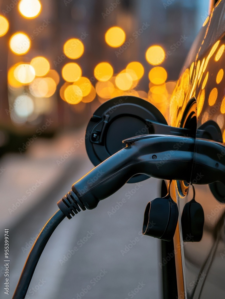 electric vehicle charging plug, illuminated by city lights, symbolizing clean energy and modern transportation. electric vehicle charging plug, illuminated by city lights, symbolizing clean energy and modern transportation.