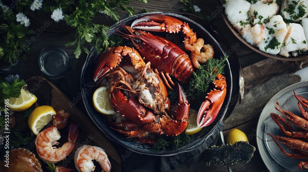 A beautifully presented Norwegian seafood feast, featuring lobster, shrimp, and crab, ready to be enjoyed with fresh lemon and herbs.
