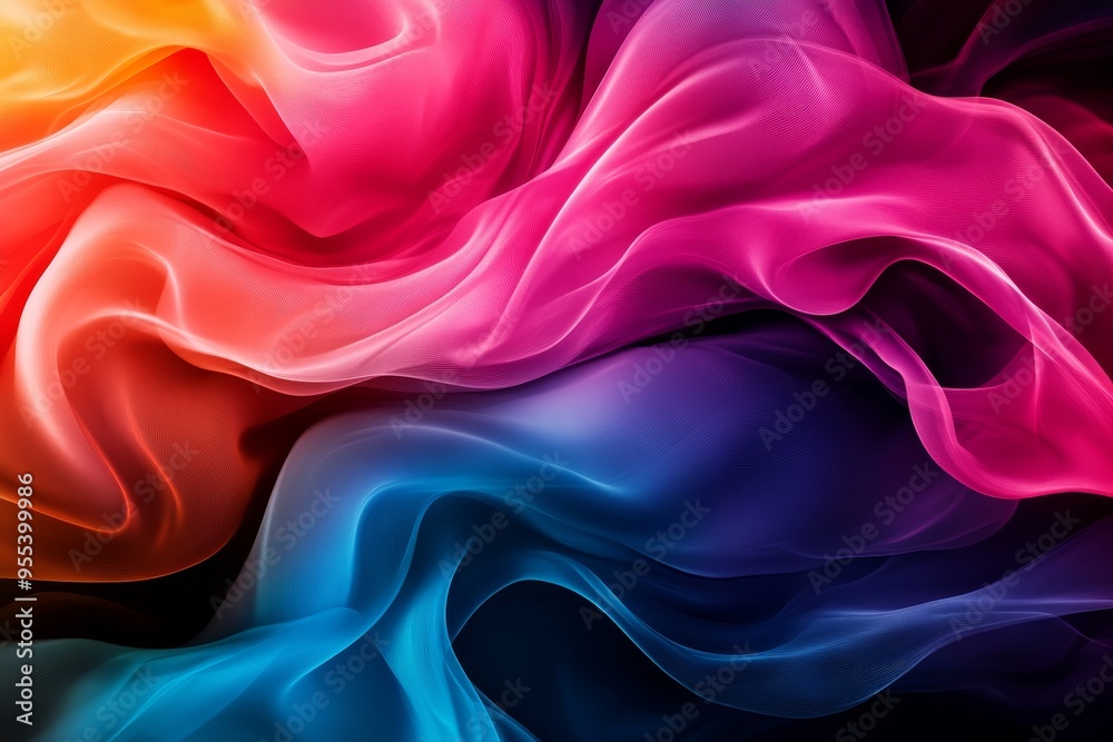 Fototapeta premium A vibrant abstract background featuring flowing, translucent fabric in shades of red, pink, blue, and purple. The fabric creates a sense of movement and energy, evoking feelings of fluidity, transform