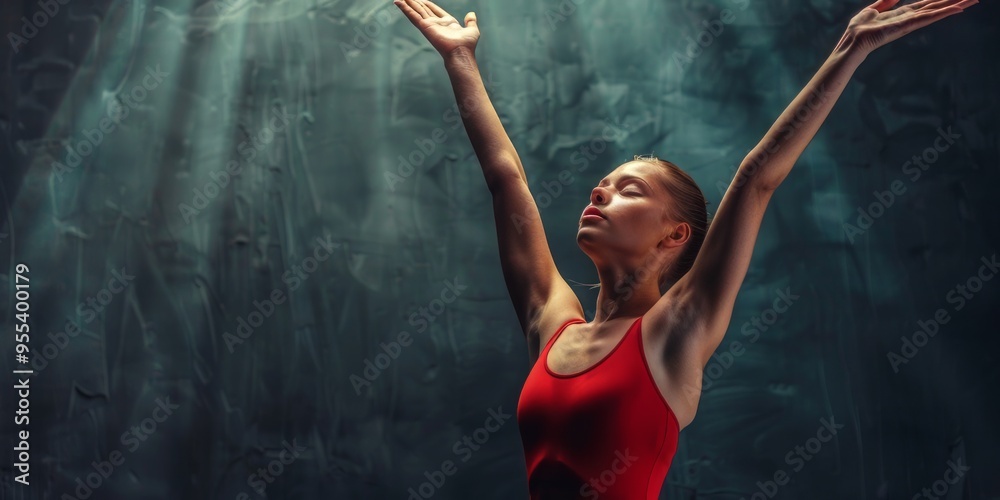 Naklejka premium Woman in Red Leotard Stretching with Arms Up