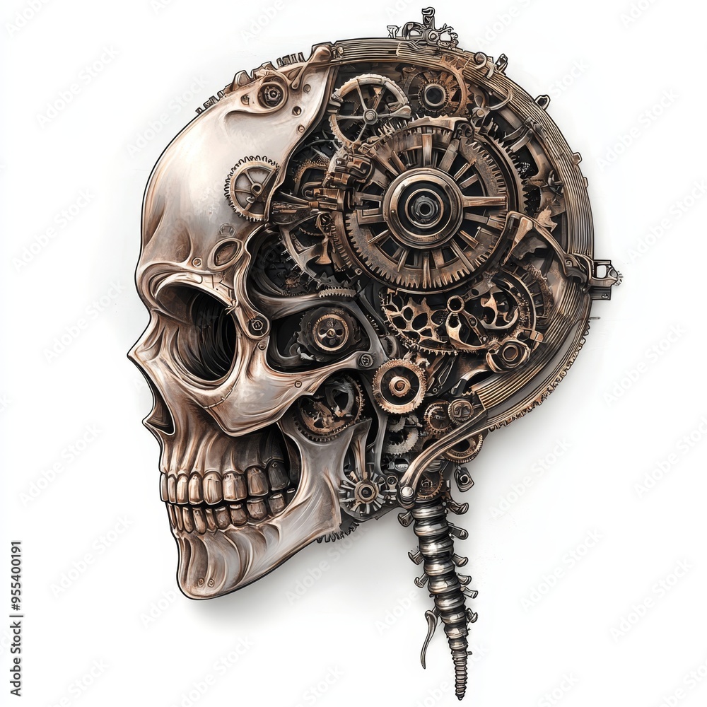 Intricate steampunk skull design with clockwork gears on a clean white backdrop