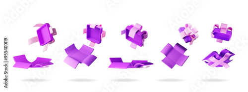 3D open gift box set isolated. Render collection of colorful box. Christmas, new year, sale, shopping. Present box with bows ribbons. Giftbox for valentine, birthday, holiday. Vector illustration