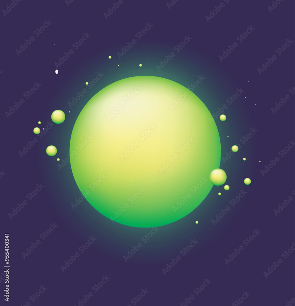 A flat vector illustration of a glowing green planet in space surrounded by smaller orbiting spheres on a dark purple background A flat vector illustration of a glowing green planet in space surrounded by smaller orbiting spheres on a dark purple background