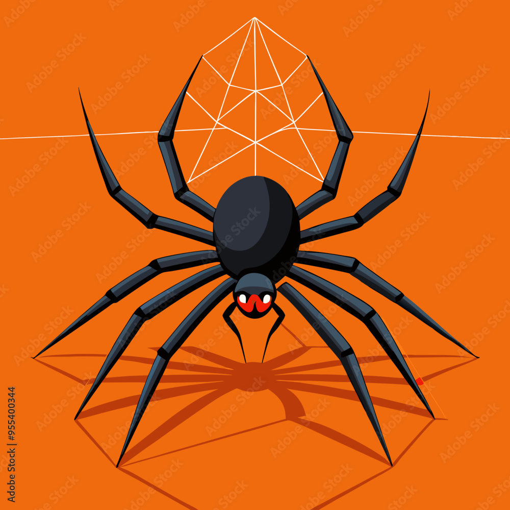 Create a striking vector illustration of a detailed black spider with long legs, crawling on a bright orange background, leaving a delicate web trail