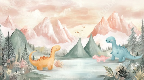 Adorable baby poster featuring playful dinosaurs amidst a serene mountain landscape in pastel hues. A whimsical hand-drawn illustration adds a touch of bohemian flair